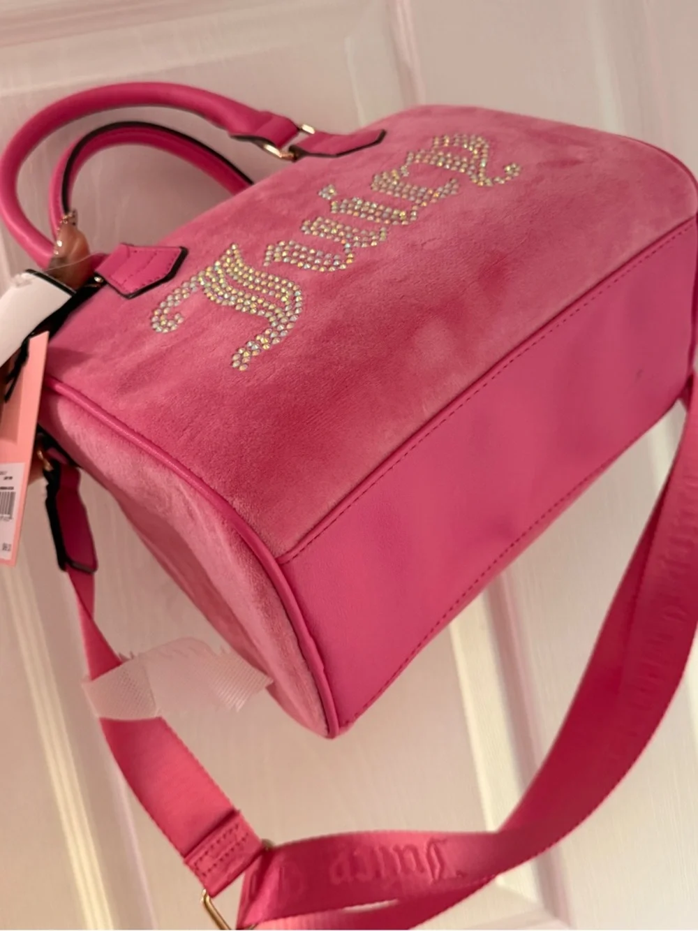 Juicy Couture Obsession Hot Pink Velvet Crystal Logo Satchel - Picture 7 of 9